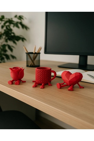Dekoratif Kalp , Gül Ve Kahve Figürü Kahve Sever Obje 3'lü Set 8 X 6 Cm