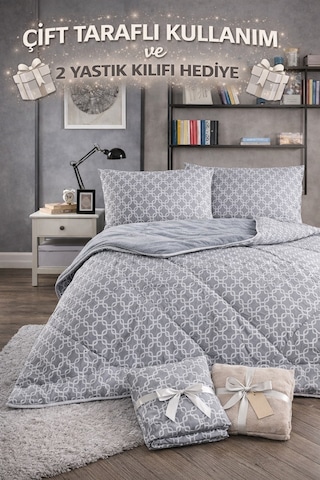 Çift Kişilik Welsoft Yorgan Seti 2 Yastık Kılıfı , Çift Taraflı - Gri Zincir