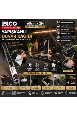 2mt X 60cm Siyah Mermer Desenli Tezgah Üstü Folyo Sticker - Duvar Kağıt Kendinden Yapışkanlı - Eko Dekorasyon - Dayanıklı