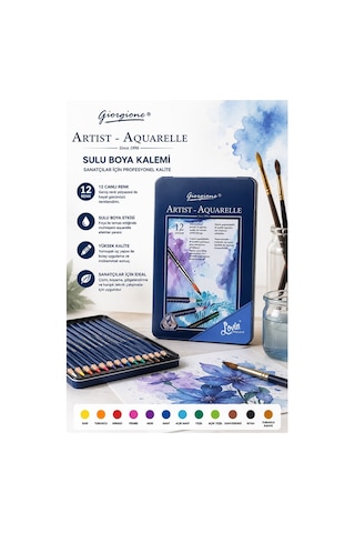 Aquarel Suluboya Kalemi 12 Renk 1 Paket Giorgione Teneke Kutu Sulu Boya Kalemi 12 Li Fırça Hediyeli Sanatsal Kaliteli Çok Renkli