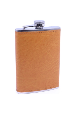 Turuncu Deri Kaplama Paslanmaz Çelik Cep Matarası - Hip Flask 9 Oz