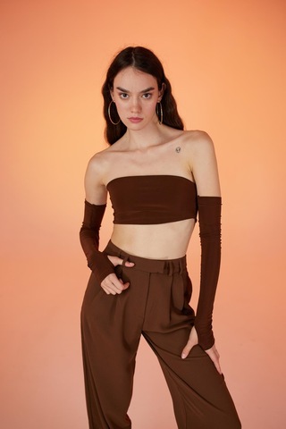 Holly Lolly Straplez Model Kol Detaylı Noir Bluz Kahverengi Kahve