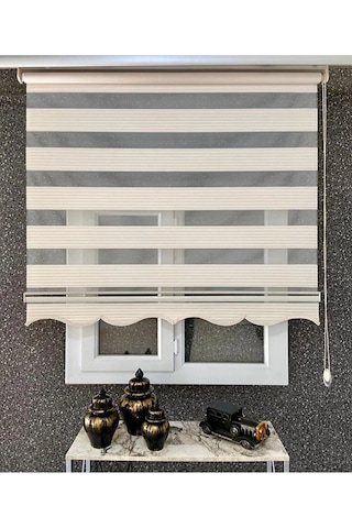 Krem Geniş Pliseli Zebra Stor Perde Eteği Dilimli Alüminyum Kasa+metal Ayak Krem