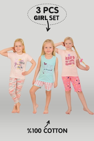 Kız Çocuk 3'lü %100 Pamuklu 1-2-3 Yaş Pijama Takımı Model:130 Çok Renkli