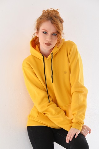 Everest Everst Kapüşonlu 3 İplik Şardonlu Kanguru Cepli Sweatshirt Sarı