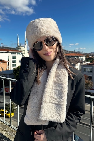 Mollycrush Kadın Bej Peluş Kürk Atkı Şapka Seti Premium Kışlık Ekru