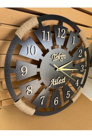 Özel İsimli Ahşap Dekoratif Halatlı Duvar Saati Siyah