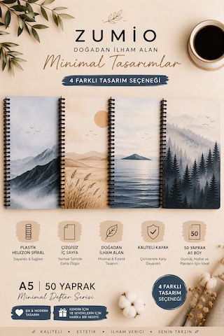 Zumio A5 Spiralli 4'lü Çizgisiz Defter Seti 50 Yaprak Plastik Helezon Spiral Minimal Doğa Tasarımları Düz Zumio A5 Spiralli 4'lü Çizgisiz Defter Seti 50 Yaprak Plastik Helezon Spiral Minimal Doğa Tasarımları Düz