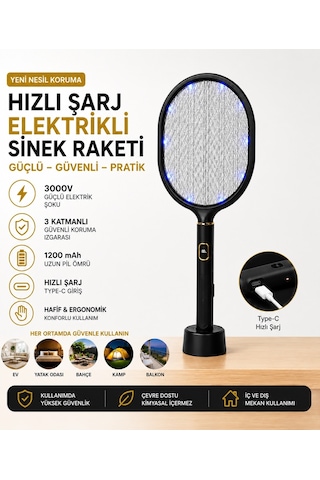 Dijital Ekranlı Şarjlı Sinek Raketi Usb Type-c Elektrikli Standlı El Tipi Mor Işıklı Sivrisinek Öldürücü Black