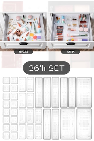 36'lı Mega Set Modüler Çekmece İçi Organizer - Banyo Takı Aksesuar Düzenleyici Şeffaf