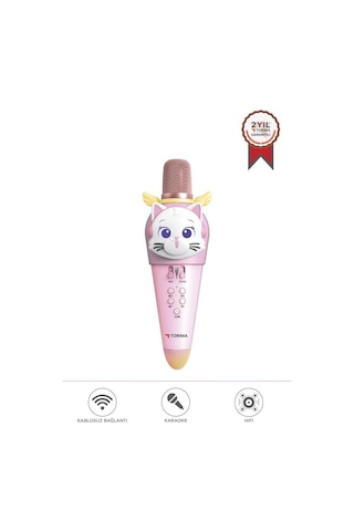 Torima KIDMIC02 Pembe Kedi Figürlü Şarjlı Bt Karaoke Mikrofon Ve Hoparlör 5W Kablosuz Mikrofon