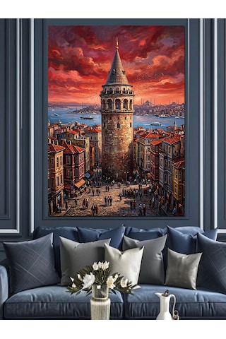 Kızıl Gökyüzünde Heybetli Galata Kulesi Dekoratif Kanvas - Mdf Ahşap Tablo