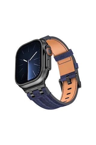 Apple Watch 44mm Uyumlu Krd-153 Kot Kumaş Tasarımlı Kordon - Gümüş-mavi