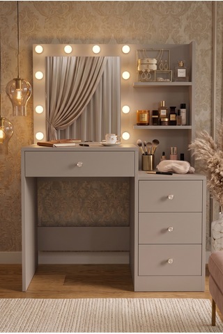 Robin Home Hollywood Makyaj Masası 4 Çekmeceli Düzenleyici Hollywood Led Işıklı Raflı Kumsal Bej