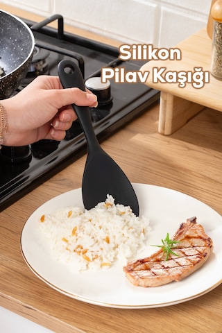 Porsima 5262 Sert Uçlu Silikon Pilav Kaşığı Dayanıklı Yanmaz Yapışmaz Çizmez Pilav Kepçe Kaşığı Siyah 22cm Siyah