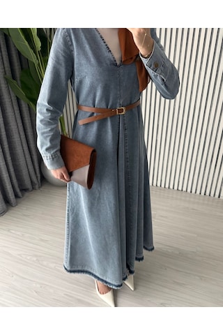 Molly Nelly Kadın V Yaka Pile Detaylı Oversize Kot Tesettür Elbise Mavi