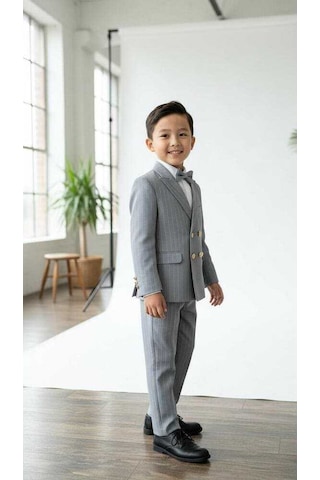 Bys Beystil Sivri Yaka Gri Çizgili Çocuk Kruvaze Elbise - Slim Fit