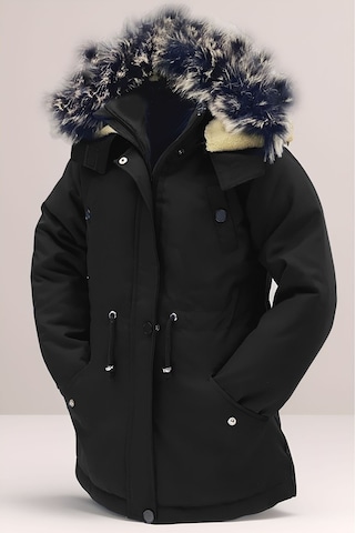 Asortix Unisex Kız/erkek Çocuk Kışlık Kanvas Kumaş Büzmeli Diz Üstü Içi Kürk Kapüşonlu Kaban Mont-mnt-0005 Siyah