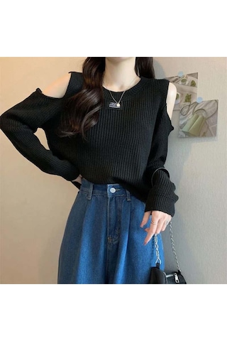 Siyah Tasarım Duygusu Sonbahar Kış Kazak Kazak Triko Kadın Kapalı Omuz Astar Dışında Giyin İnce Tasarım Üst Siyah