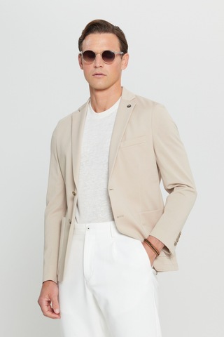 AC&Co / Altınyıldız Classics Erkek Bej Pamuklu Slim Fit Dar Kesim Armürlü Esnek Torba Cepli Blazer Ceket Bej