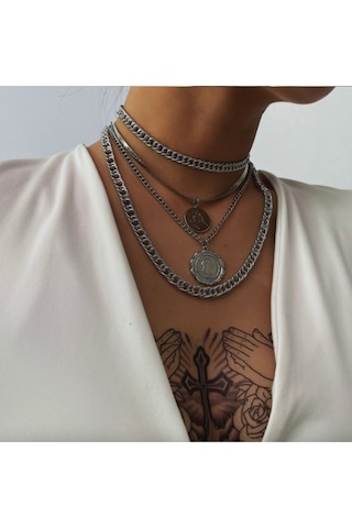 Girift Vintage Allure Boho Vintage Kalın Zincirli Sikke Kolye Gümüş