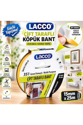 Lacco Çift Taraflı Köpük Bant 15 Mm X 25 M Güçlü Yapışkanlı Montaj Bandı Çok Amaçlı Beyaz 1 Adet