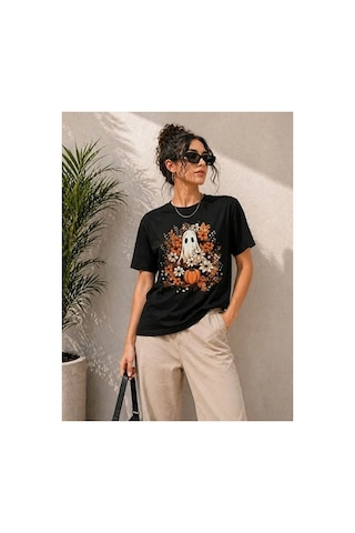 Butik İstanbul Balkabağı Hayalet Baskılı Tişört Kısa Kol Yazlık T-shirt - Siyah