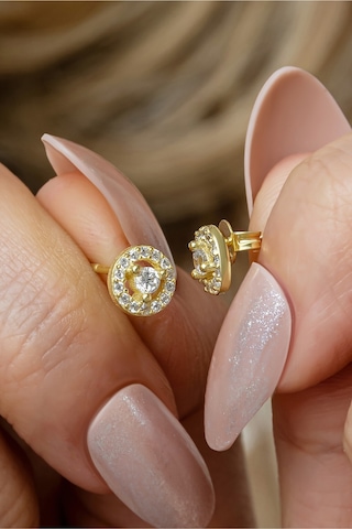 Nereze 925 Ayar Gümüş Gold Kaplama Minimal Tektaş Yuvarlak Küpe