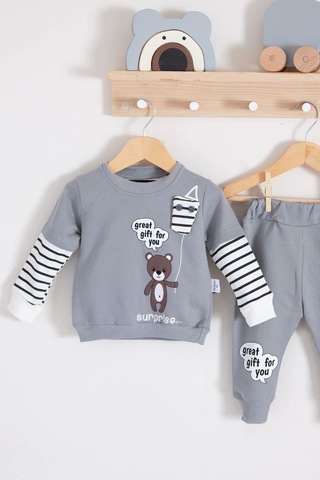 Gift For You Desenli 2'li % 100 Pamuk Erkek Bebek Takımı Gri