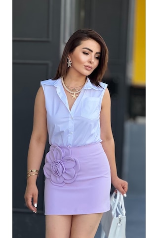 Lila Premium Çicek Detaylı Mini Etek Lila