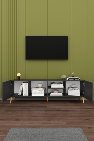 Asra Trend Tv Ünitesi T-12 %100 MDF 180 cm Tv Sehpası Dolaplı Raflı Koyu Gri