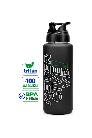 Büyük Su Matarası Tritan Pipetli Su Şişesi Never Give Spor Matarası Suluğu Bpasız 1000 Ml Siyah 0112
