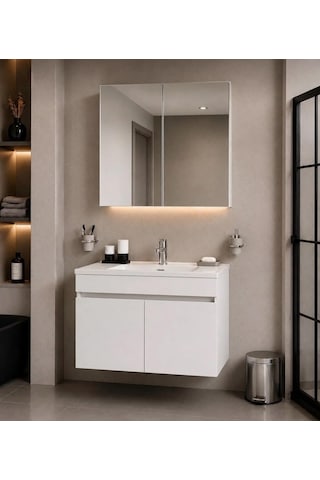 Modern 80 Cm Beyaz Mdf Hilton Aynalı Seramik Lavabolu Banyo Dolabı Takımı Alt Ve Üst Dolaplı