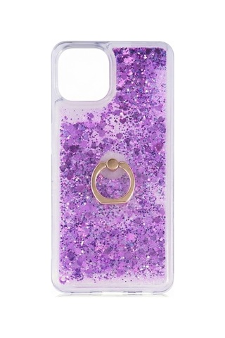 Flody Apple Uyumlu iPhone 15 Kılıf Sulu Simli Akışkan Silikon Yüzüklü Mor