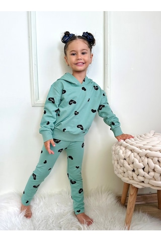 Lolliboomkids Kız Çocuk Mini Kalp Love Desenli Kapüşonlu Alt Üst Takım 2 Parça Yeni Sezon Yeşil