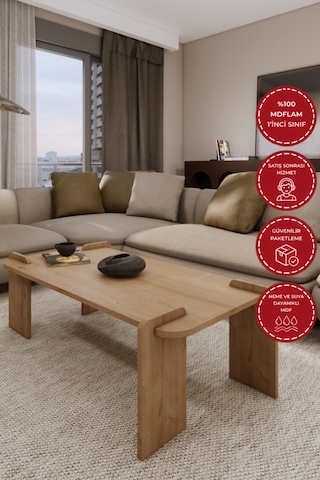 Odaco Fuji Modern Premium Oval Ayaklı %100 Mdflam Salon Orta Sehpa 120x60x40 Cm Safir Meşe