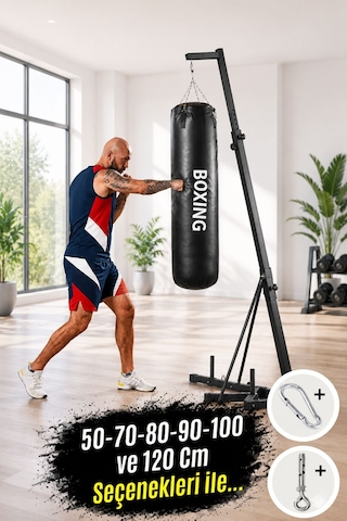 50 Cm Yırtılmaz Siyah Deluxe Boxing Boks Torbası Ve Tavan Kancası Siyah