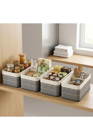 Lexroo Bambu Detaylı Çok Amaçlı Saklama Kutusu 25x15x8 Cm Dekoratif Kumaş Organizer Çok Renkli
