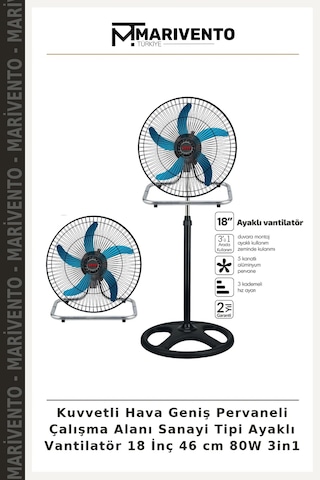 Kuvvetli Hava Geniş Pervaneli Çalışma Alanı Sanayi Tipi Ayaklı Vantilatör 18 İnç 46 Cm 80w 3in1