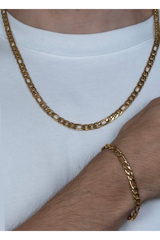Saat Farkı Gold Figaro Model Çelik Unisex Kolye Ve Bileklik Set 2,5mm Gold