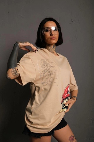 Wear Vexel Kadın Mario Baskılı T-shirt Oversize Kısa Kol Bisiklet Yaka Tişort - Bej Bej