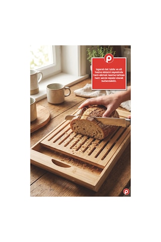 Bambu Kırıntı Hazneli Ekmek Kesim Panosu - Ahşap Izgaralı Ekmek Kesme Tahtası Açık Kahverengi