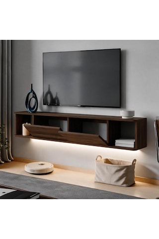 İnarch Dizayn Twist Led Işıklı Duvara Monte Tv Sehpası - 2 Kapaklı Ceviz