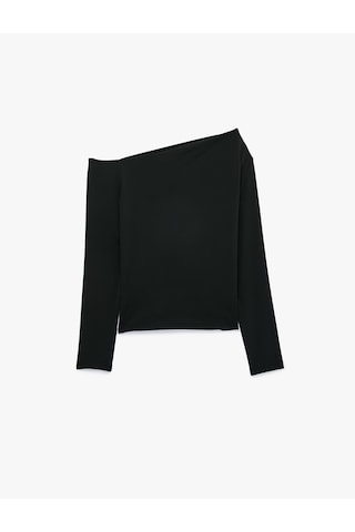 Koton Slim Fit Drapeli Asimetrik Kesim Uzun Kollu Tek Omuz Tişört Siyah 7wak50088ek