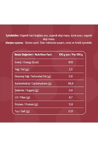Baca Organik Organik Tam Buğday Ekmeği 700 G