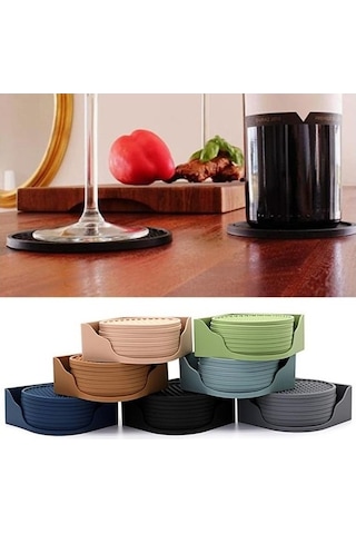 Novahub 8 Adet Siyah Silikon Bardak Altlığı Tutucuyla Kaymaz Yivli, Isıya Dayanıklı, Bulaşık Makinesinde Yıkanabilir Siyah