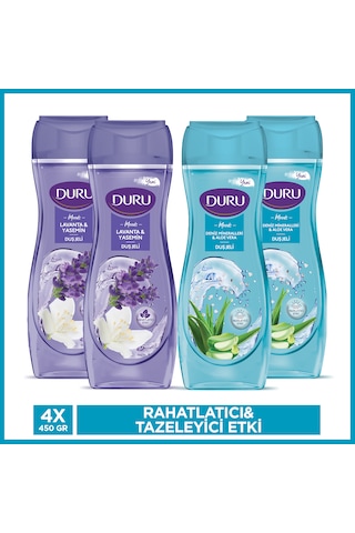 Duru Moods Deniz Mineralleri&Aloe Vera + Lavanta & Yasemin Duş Jeli 4 x 450 ML+Duş Lifi