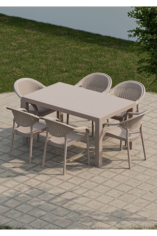 90x150 Cm Rattan 6 Kişilik Masa Takımı Camsız Bambu Sandalye Bahçe Teras Takımı Oturma Grubu Cappuccino