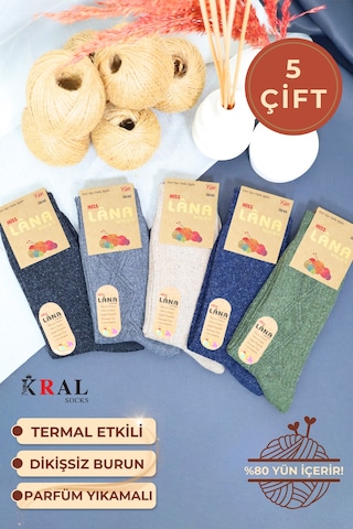 Kral Socks Kadın - Erkek Kışlık (5 ÇİFT) Lambswool Yün Çorap Termal Etkili