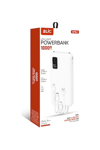 Blic Bpb4 10.000mah Led Işıklı Powerbank Beyaz 4 Cihaz Aynı Anda Şarj Dahili 3in1 Kablo BEYAZ